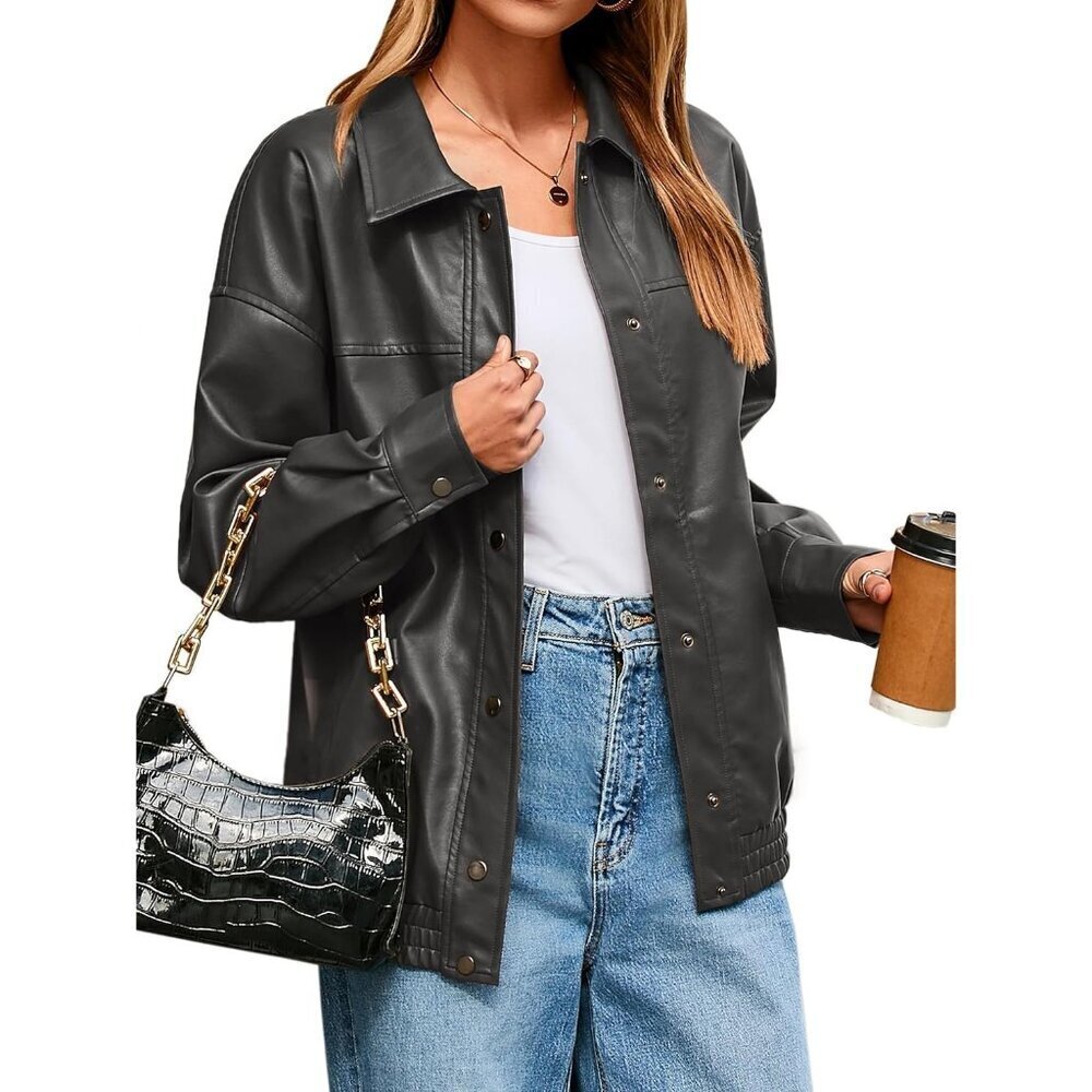 Women Oversized Faux Leather Gray Jacket Button Down Moto Bomber Winter Coat